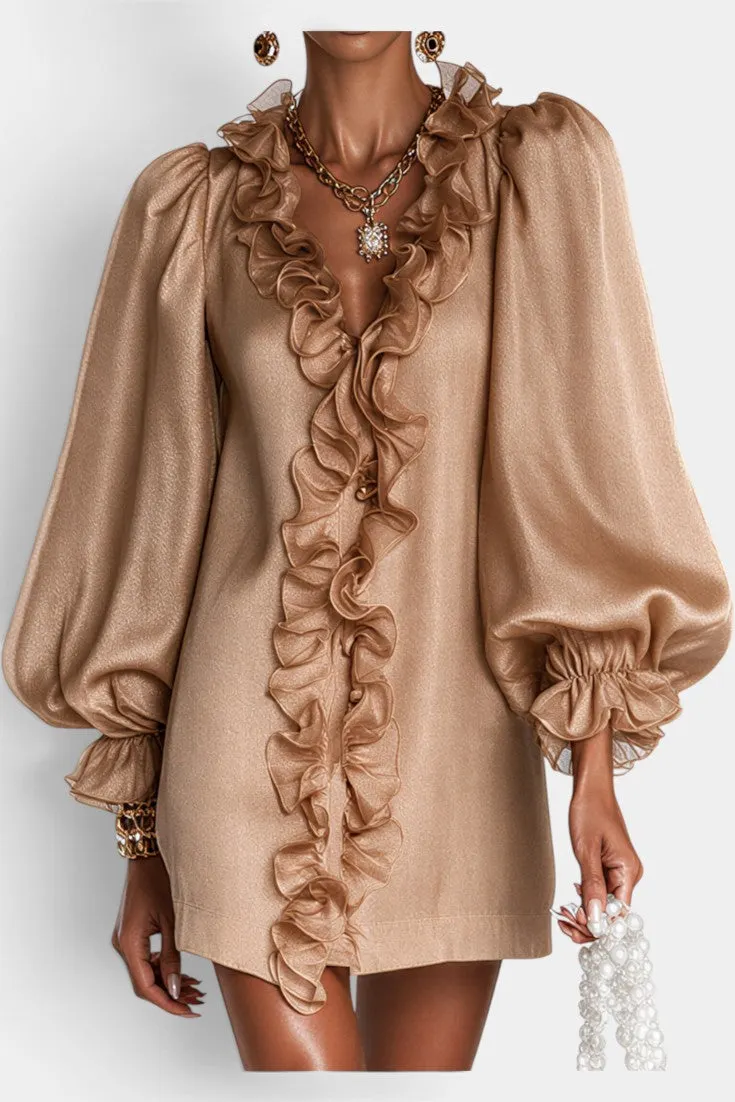 Ruffled V-Neck Mini Dress with Balloon Sleeves