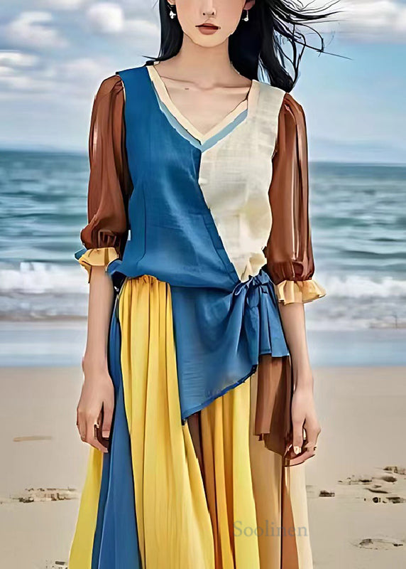 VCSHOES Colorblock Asymmetrical Patchwork Linen Cinched Dress Summer