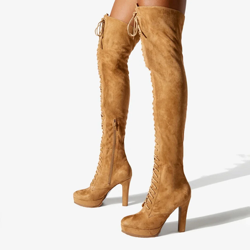 Brown Round Toe Lace Up Boots Suede Over The Knee High Boots