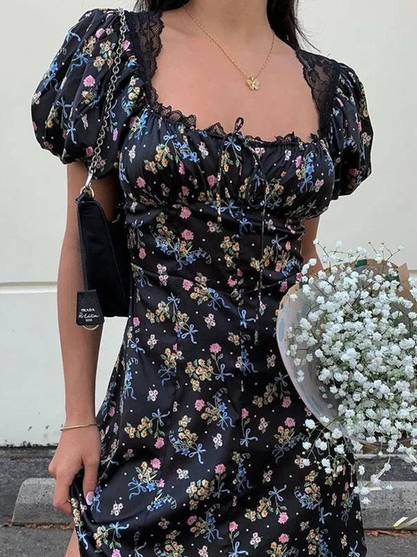 Lace floral black mini dress