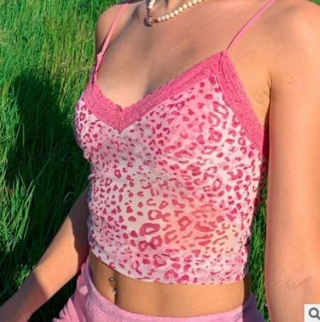 Sexy Pink Lace Leopard Print Camis Women Sling V Neck Slim Fit Club Holiday Casual Crop Tops Tank Tops Streetwear Homewear