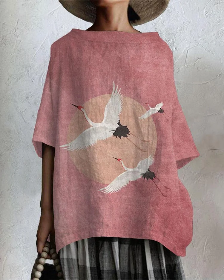 Art Flying Crane and Full Moon Cotton And Linen Tunic Shirt