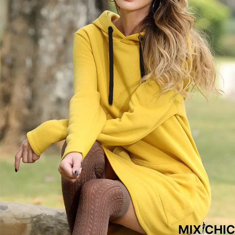 Casual Solid Color Hooded Pocket Sweater Dress