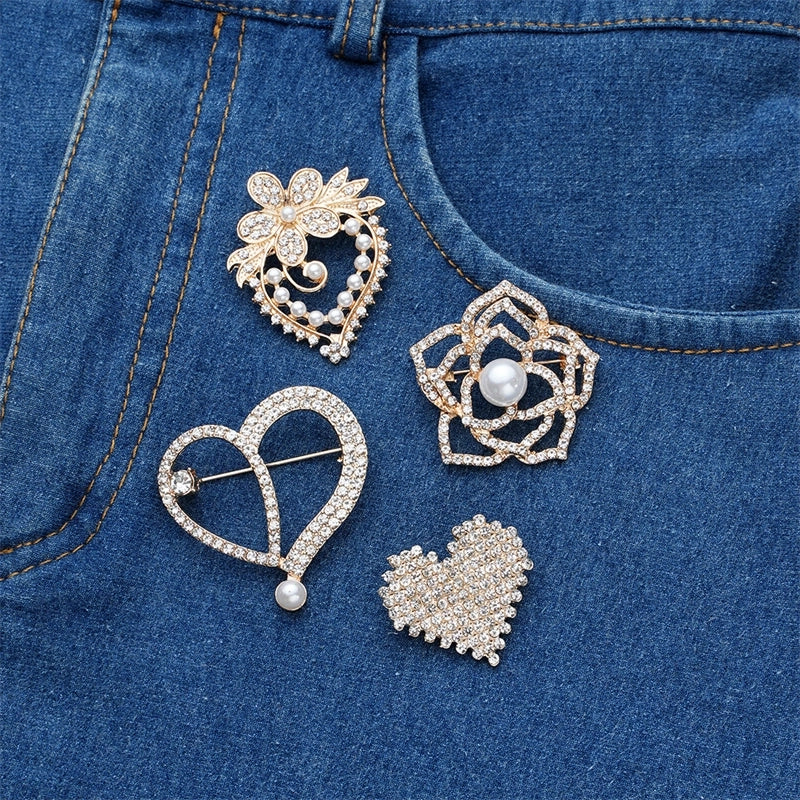 Elegant Sweet Shiny Heart Shape Flower Alloy Inlay Rhinestones Pearl Women’s Brooches