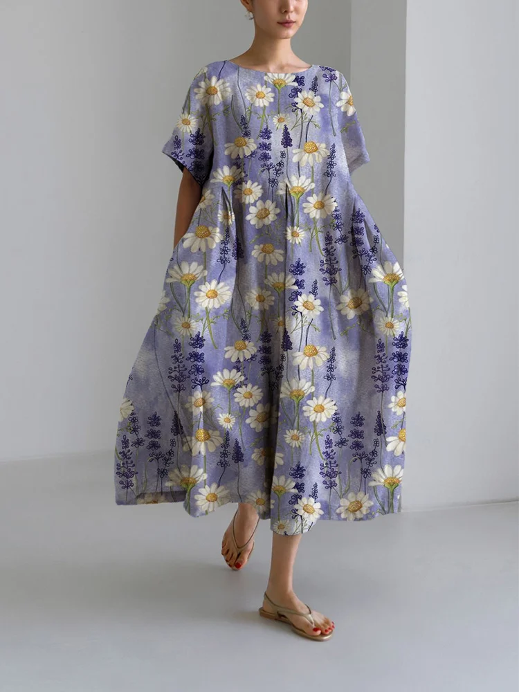 Women's Little Daisy Print Loose Round Neck Medium Length Skirt Dress