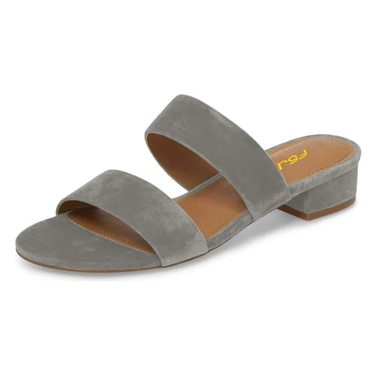 Grey Straps Block Heel Women's Slide Sandals |FSJ Shoes