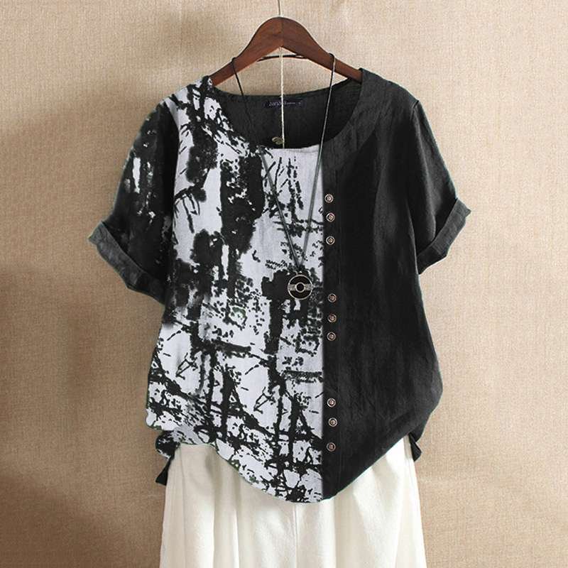 2022 Women's Printed Blouse ZANZEA Vintage Patchwork Tops Casual Summer Short Sleeve Shirts Female O Neck Blusas Top