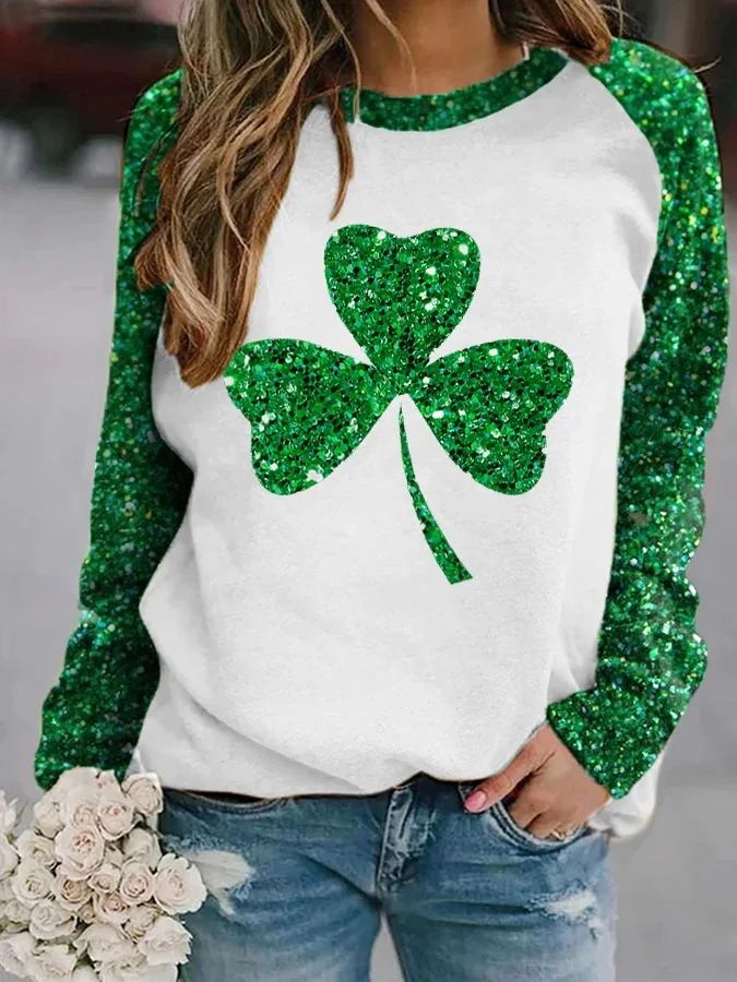 Wearshes Women's St. Patrick's Day Lucky Glitter Shamrock Print Casual Sweatshirt