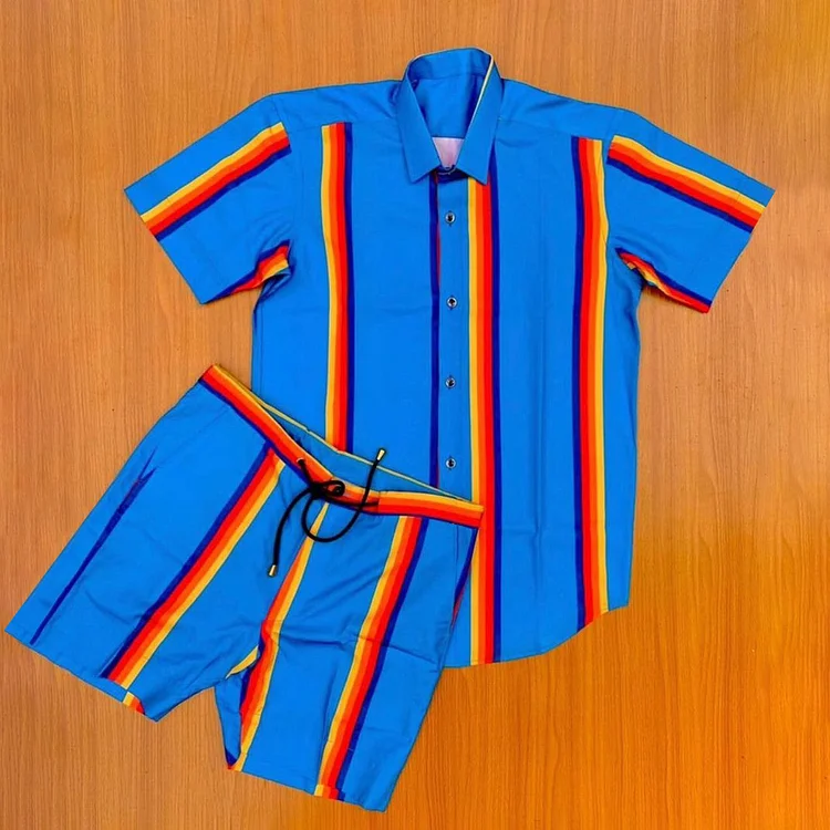 BrosWear Fashion Blue Stripes Print Shirt And Shorts Co-Ord