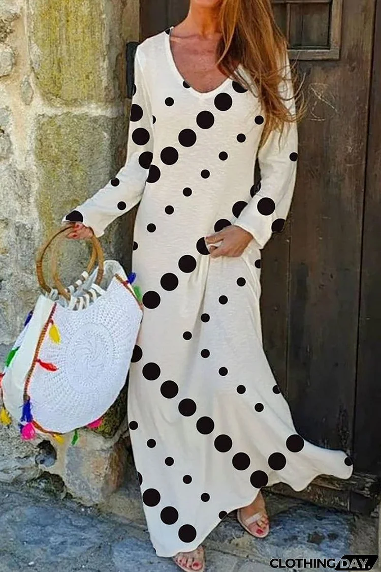 Dot V Neck Long Sleeve Maxi Dress