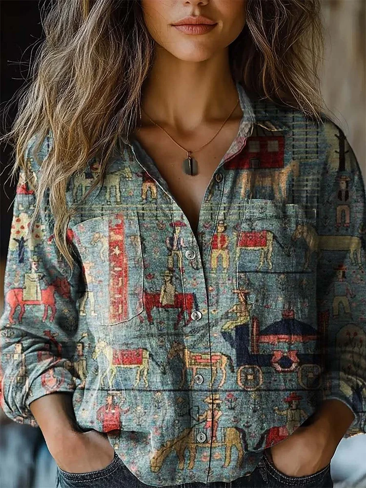 Women's Vintage Carriage Art Print Casual Long Sleeve Comfortable Cotton Shirt