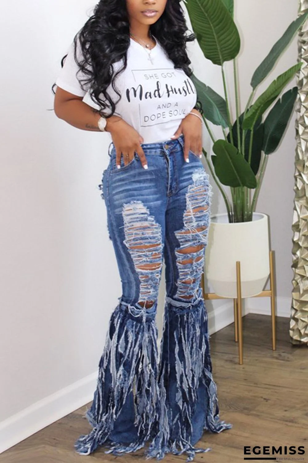 Dark Blue Fashion Casual Adult Letter Solid Tassel Ripped Letter O Neck Short Sleeve Regular Sleeve Regular Two Pieces | EGEMISS