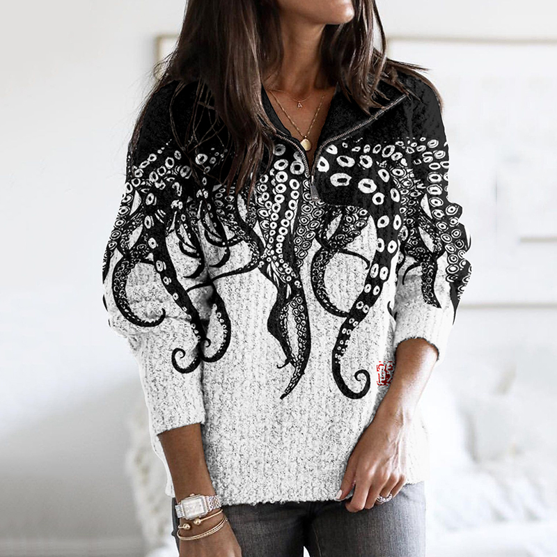 Vintage Japanese Art Octopus Legs Print Knitted Warm Turtleneck Sweater