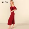 SHEIN Burgundy Zip Back Layered Ruffle Bardot Sexy Jumpsuit Women Off the Shoulder Skinny Wide Leg Solid Summer Party Jumpsuits