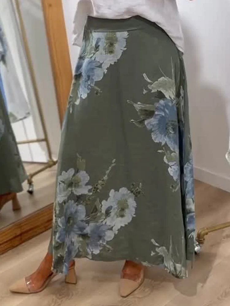 Women's Printed High-waisted Casual Loose A-line Cotton And Linen Skirt socialshop