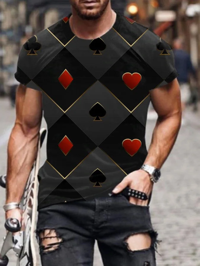Men's casual fashion poker print short sleeve black and red T-shirt.jpg