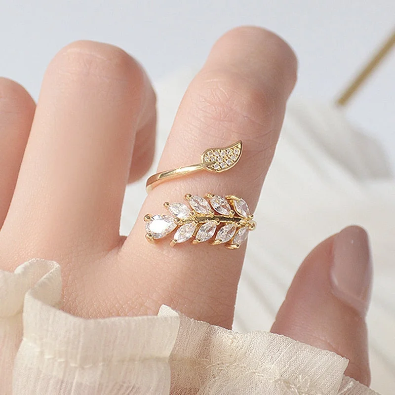 Leaf Crystal Open Ring