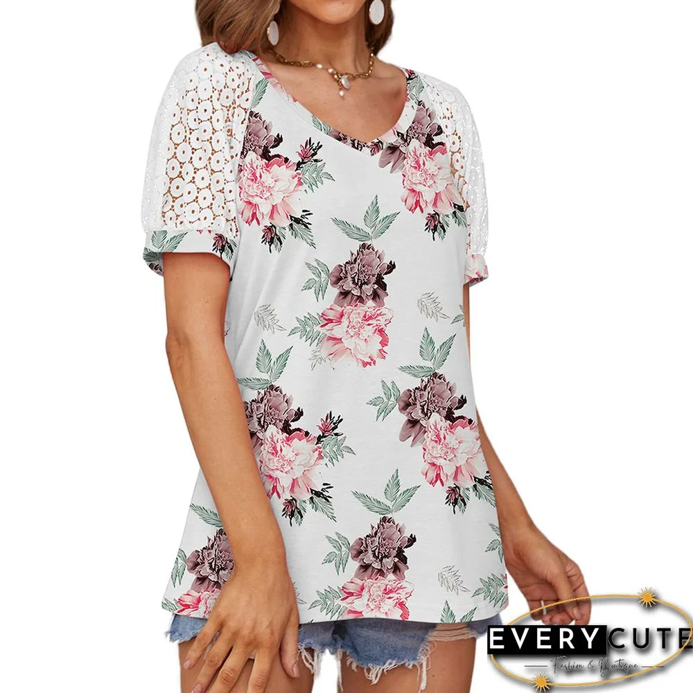 Floral Print Spliced Lace Sleeve V Neck Tops