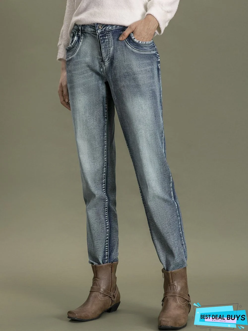 Blue Denim Simple Solid Pockets Jeans