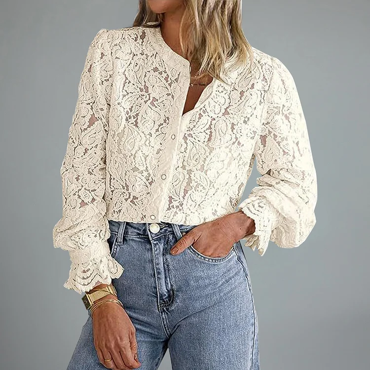 Casual Lace See-Through Long Sleeve Button Blouse
