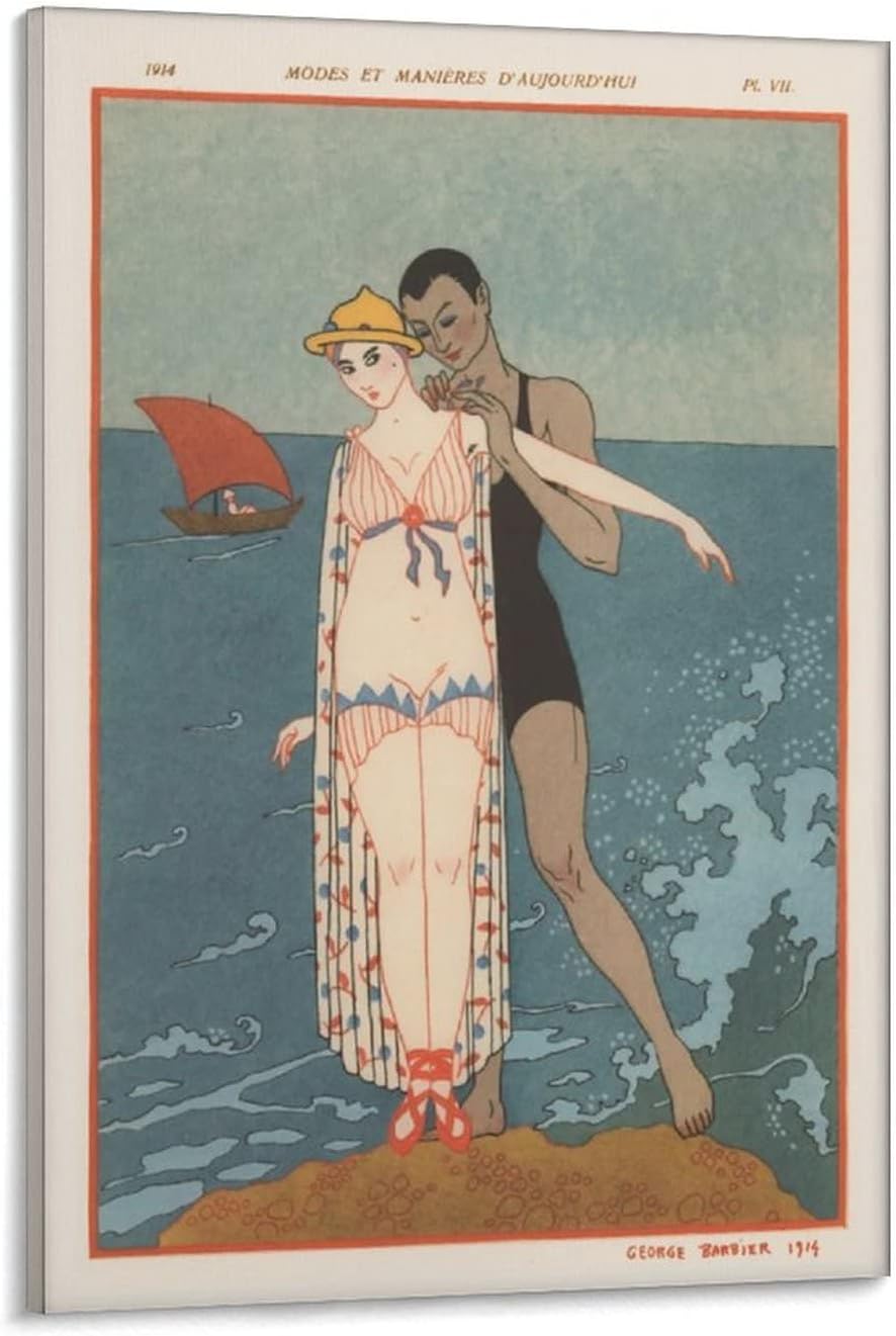 Romantic Fashion Poster - Beach Fashion Poster, Swimsuit French Fashion Poster, Art Deco Wall Art - Wall Art Paintings Canvas Wall Decor Home Decor Living Room Decor Aesthetic 08x12inch(20x30cm) Fra