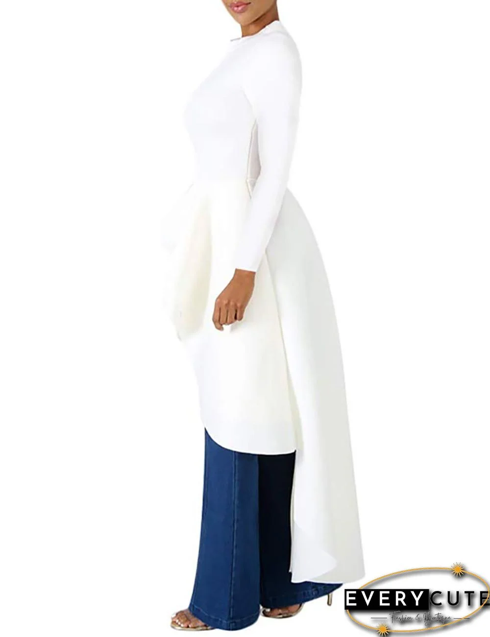 White Ruffle High Low Asymmetrical Long Sleeve T-Shirt Dress