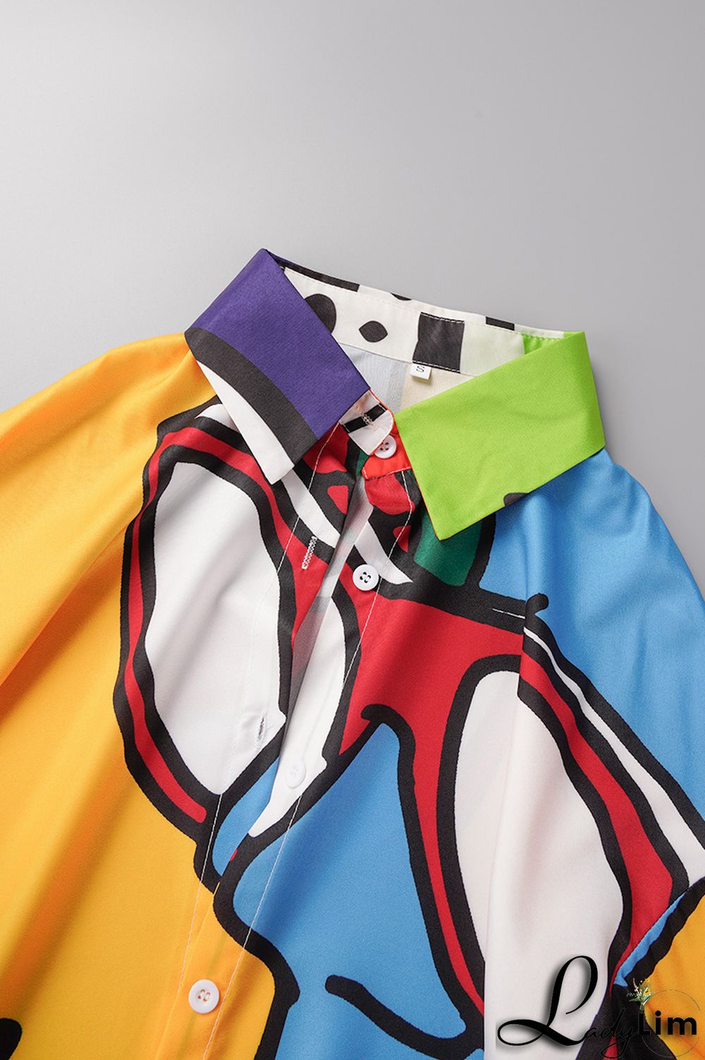 Purple Green Casual Street Print Patchwork Buckle Turndown Collar Tops