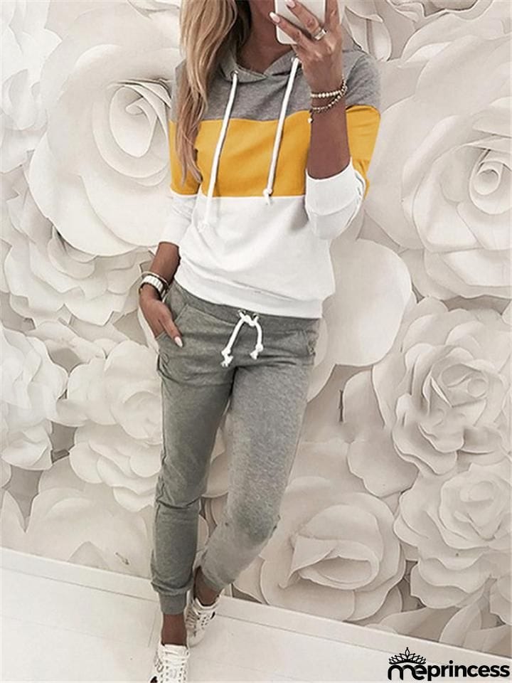 Contrasting Tracksuit Sets Drawstring Hooded Sweatshirt + Pocket Sweatpants