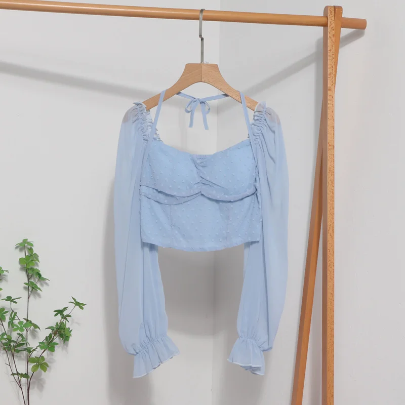 Brownm Fang Collar Leak Collar Collar Collar Short Shirt 2023 Spring Dress New Lantern Long-Sleeved Collar With Hanging Neck Shirt Women's Top 8876