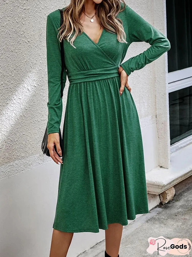 Plain V-Neck Elastic Waist Loose Midi Dress Plus Size