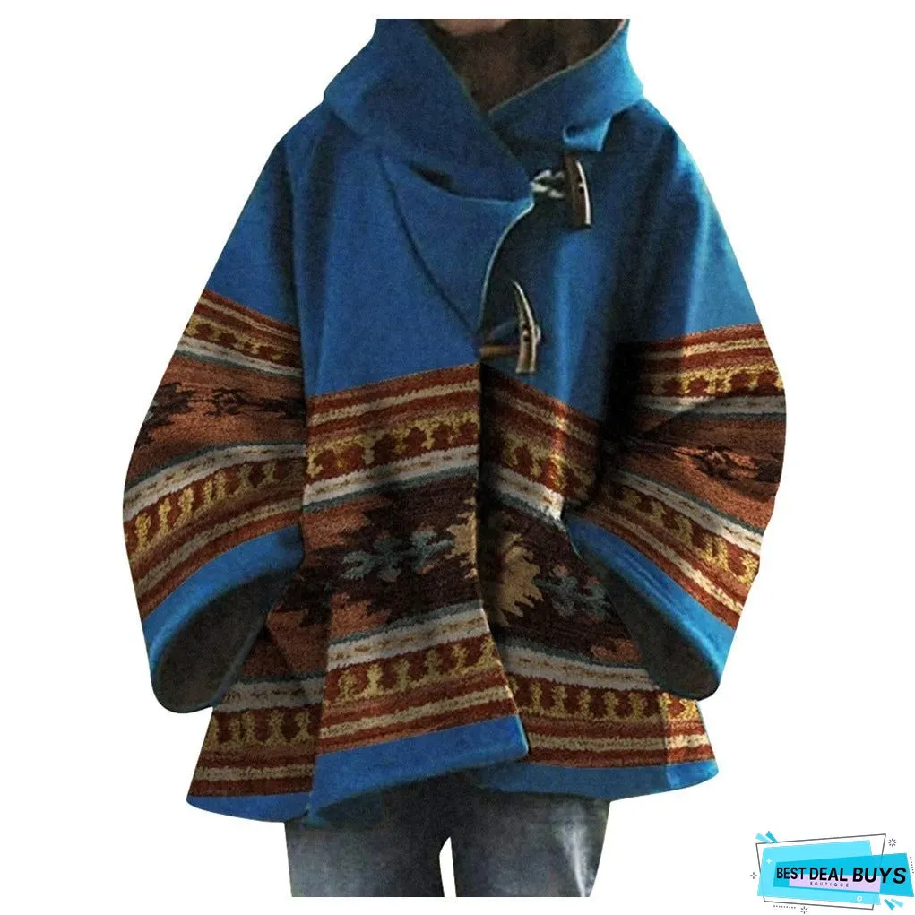 Women's Winter Loose Retro Printed Woolen Colors Coats