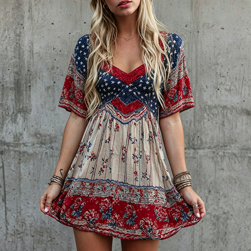  Women's Retro Boho Independence Day With Floral Mini Dress Westsshops