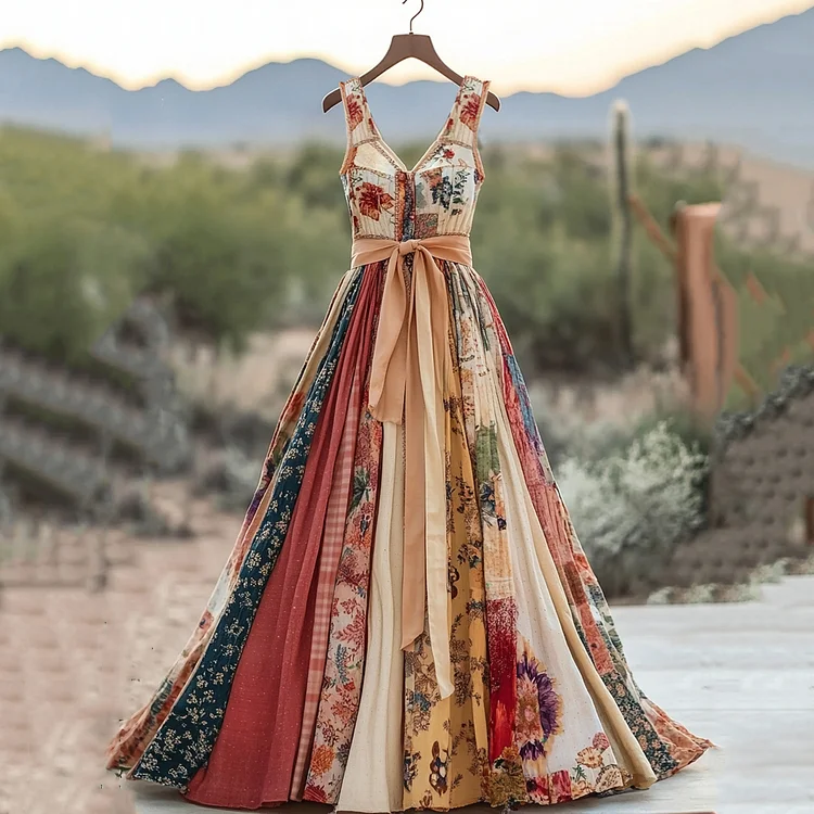 Simpfit Bequemes Nachahmung aus Baumwolle und Leinenkleid im Vintage-Stil mit Blumenmuster für Damen