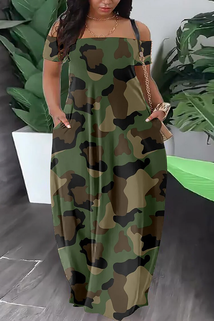 Plus Size Army Green Daily Camo Loose Off Shoulder Pocket Maxi Dresses