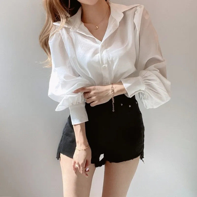 Korean Loose Chic Women Blouse Simple Versatile Lapel Long Sleeve Shirt Elegant Women Shirt Tops Pink Tops Blusas Mujer 12492
