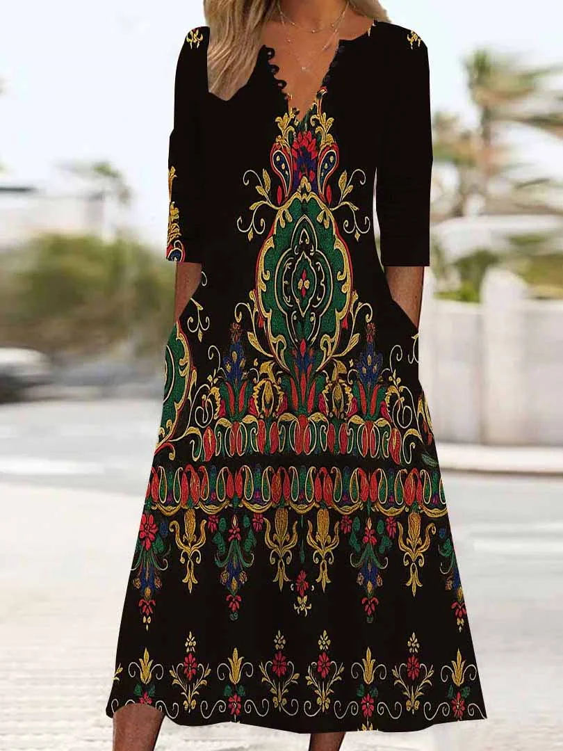 Women Graphic,Black DZHB8175 Long Sleeve V-Neck Graphic Printed Midi Dress