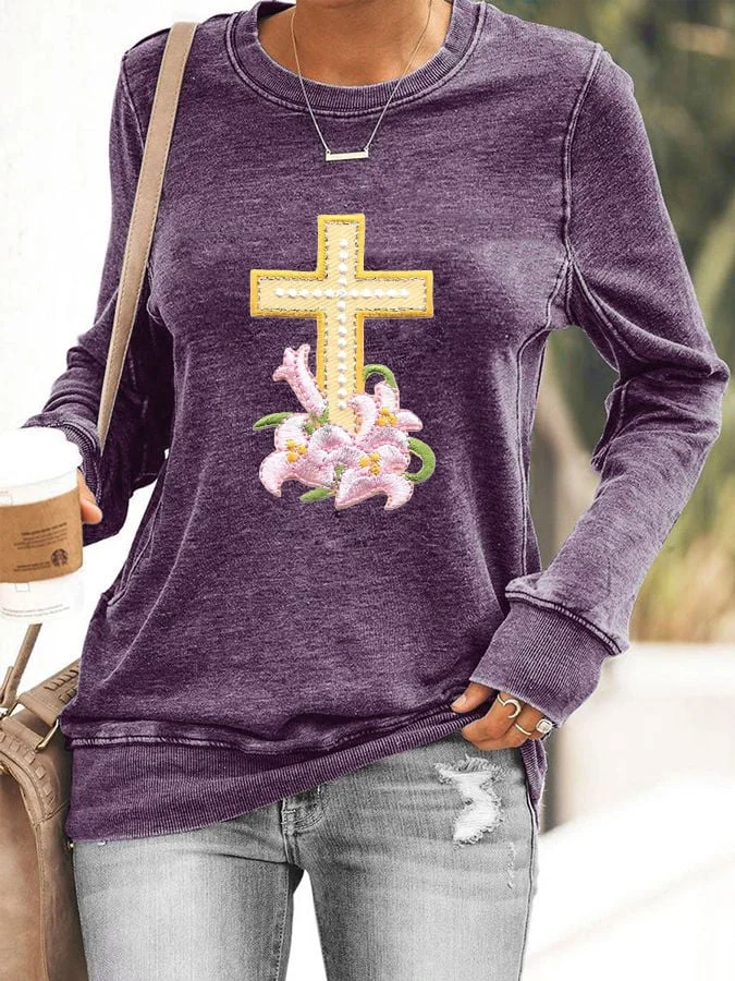 Women's Easter Lily Cross Print Casual Sweatshirt socialshop
