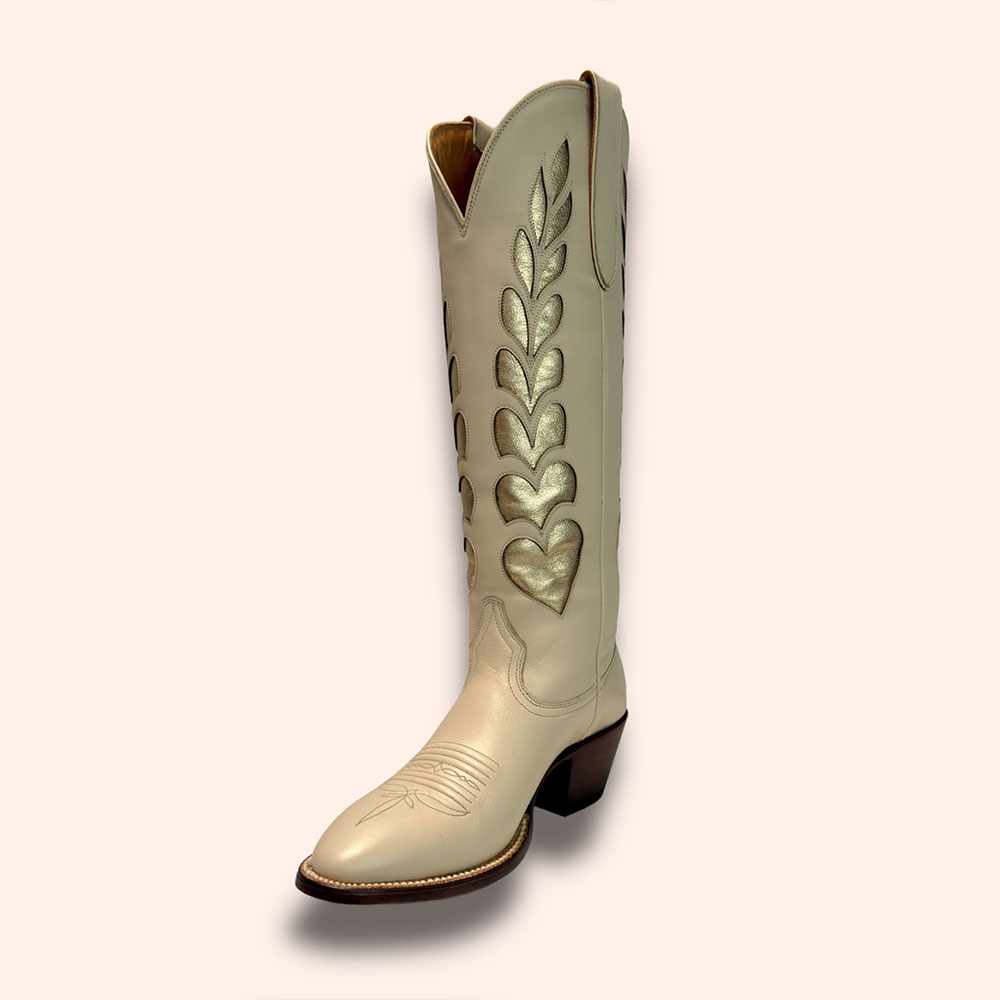 Beige & Gold Heart Inlay Round Toe Chunky Heel Knee-High Cowgirl Boots Nicepairs