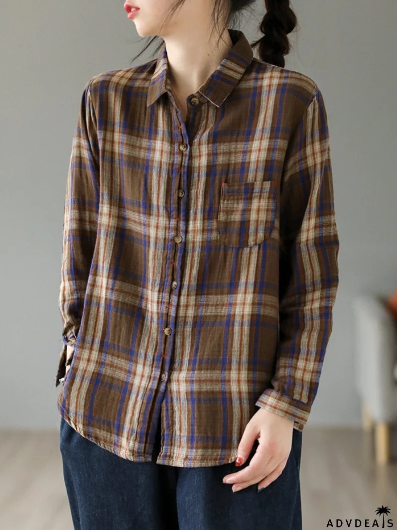Cardigan Loose Cotton Lining Check Pattern Shirt