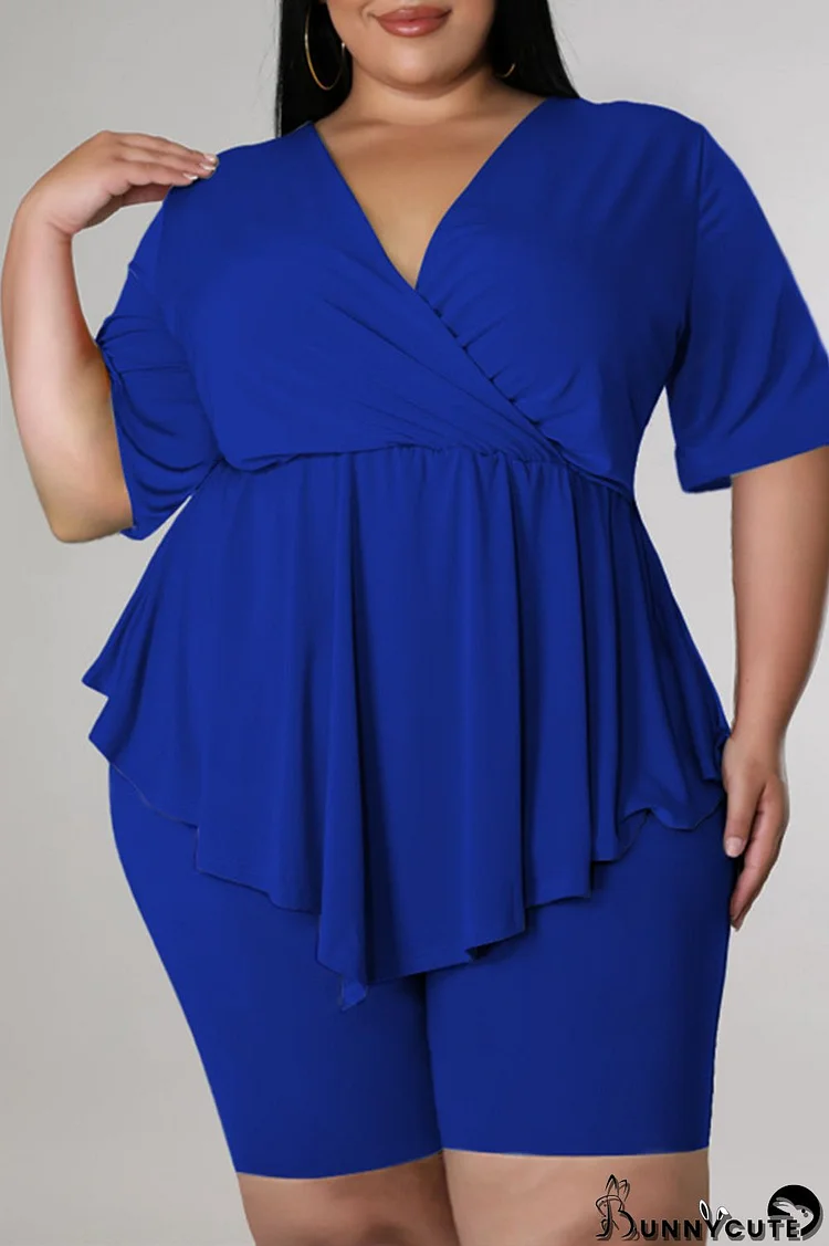 Blue Fashion Casual Solid Split Joint Asymmetrical V Neck Plus Size Two Pieces