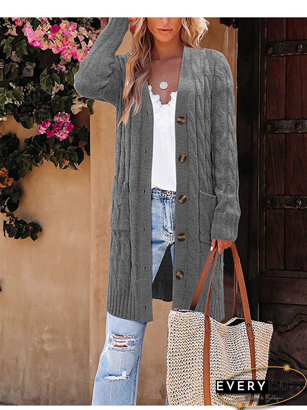 V-neck Single Breasted Pocket Solid Color Knitted Long Sweater