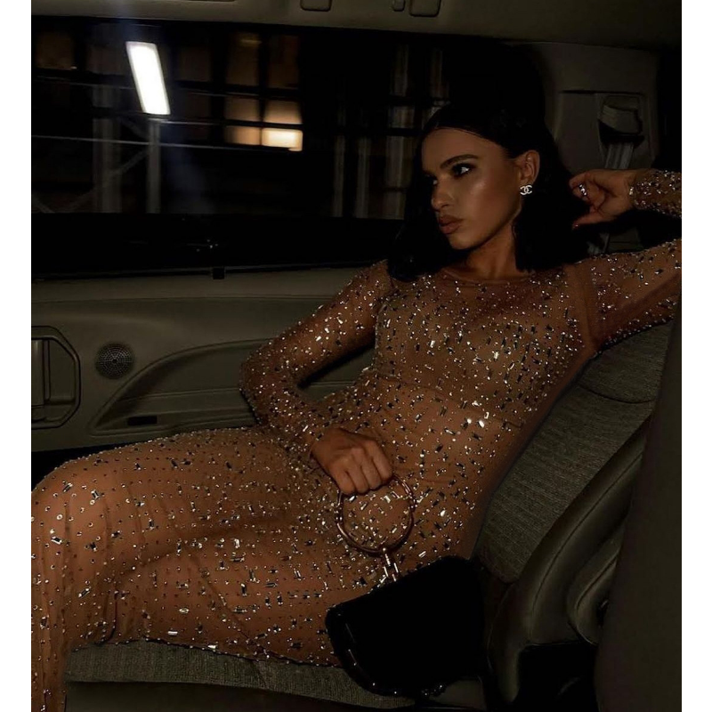 Ootddress Glitter Female Cover up Maxi Dress Mesh See-Through Split Fashion Long Sleeve Slim Sexy Beach Cover up Dress For Women New