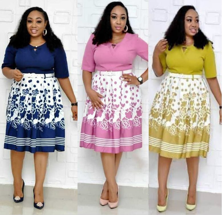 African Plus Size Women's Clothes Short Sleeve Digital Printing Hollow-out Large Swing Dress With Belt