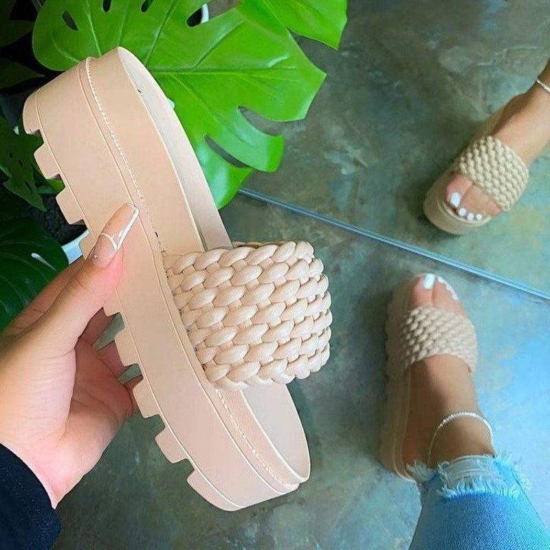 2021 spring/summer new women's high-heeled PU sponge cake sole rubber super thick-soled slippers woven pattern female sandals