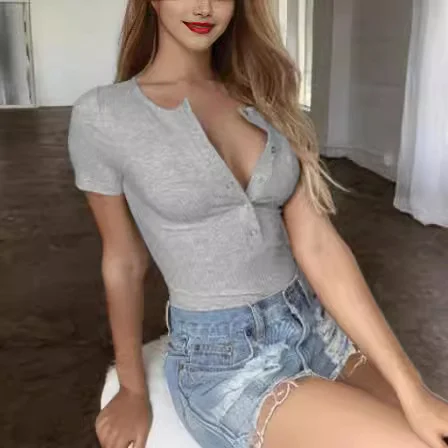 Uveng Uveng Spring And Summer Round Neck Short Sleeve Deep V Sexy Slim Bag Hip Button Solid Color Bottom Jumpsuit