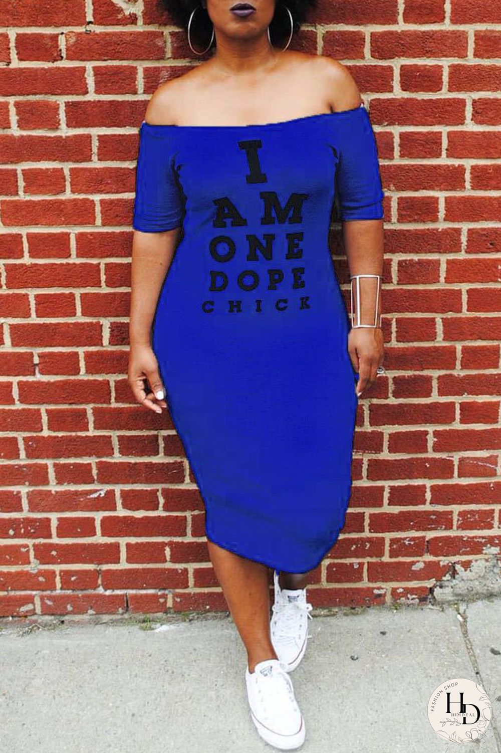 Orange Off The Shoulder Short Sleeves One word collar Mid-Calf Patchwork Casual Dresses