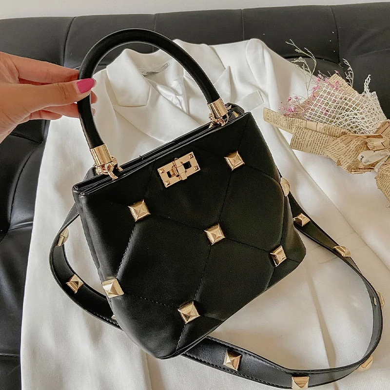 Lattice Square Tote bag 2022 Summer New PU Leather Women's Designer Handbag Luxury brand Rivets Shoulder Messenger Bag Travel