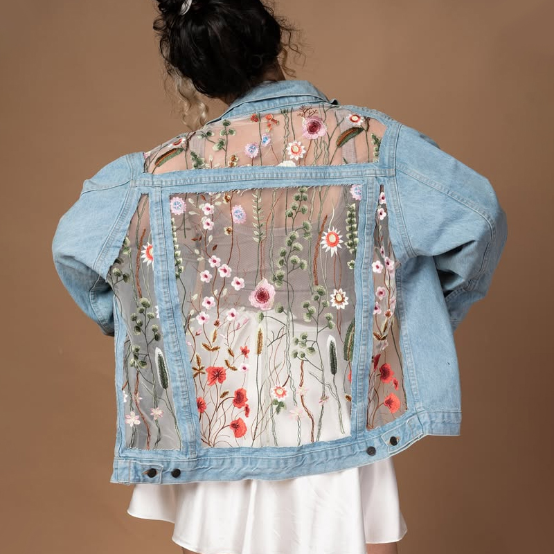 Floral Embroidered Denim Jacket With Sheer Mesh Back