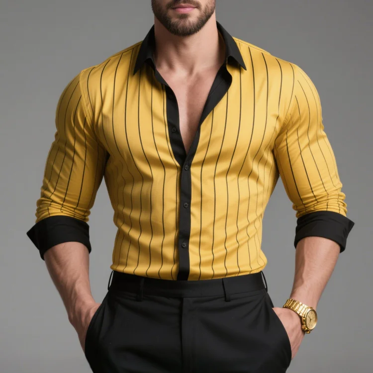 Okaywear Colorblock Stripes Pattern Button Long Sleeve Shirt Okaywear