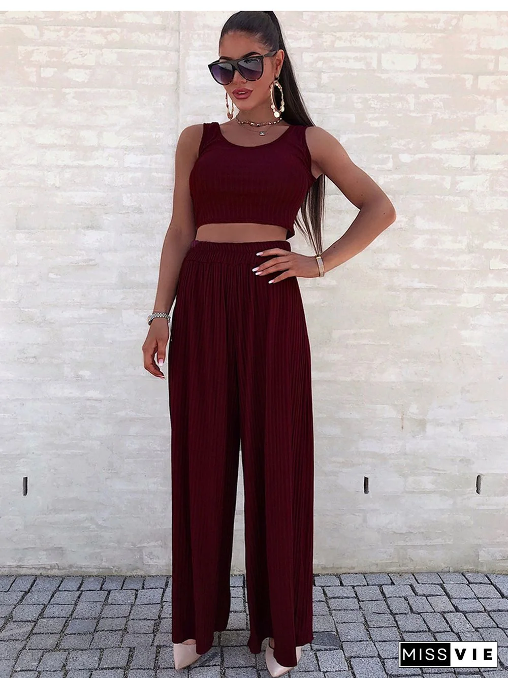 Casual Two Piece Sets Women Summer Fashion Sexy Vest Set Elegant High Waist Wide Pants Set Female Solid New Femme